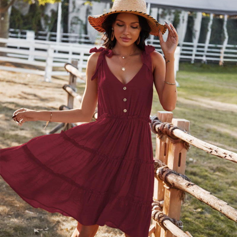 V-neck solid color A-line skirt vacation dress kakaclo