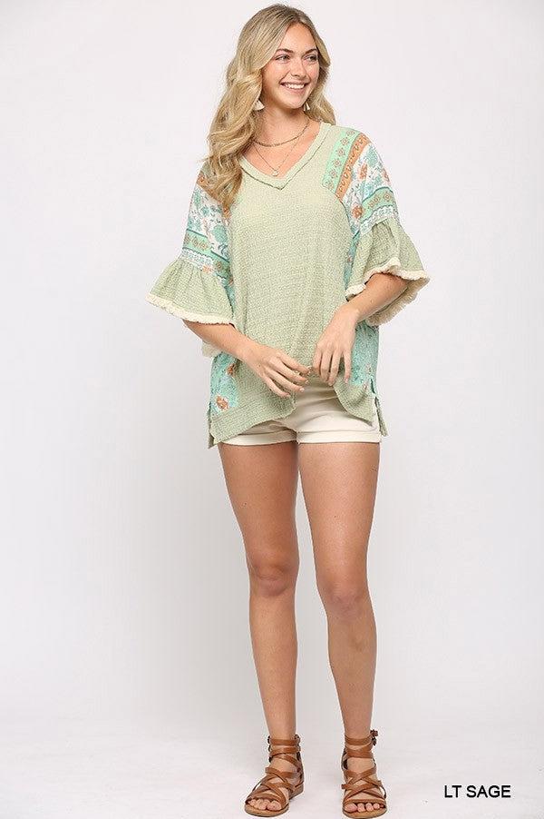 Texture Knit And Print Mixed Hi Low Hem Top Blue Zone Planet