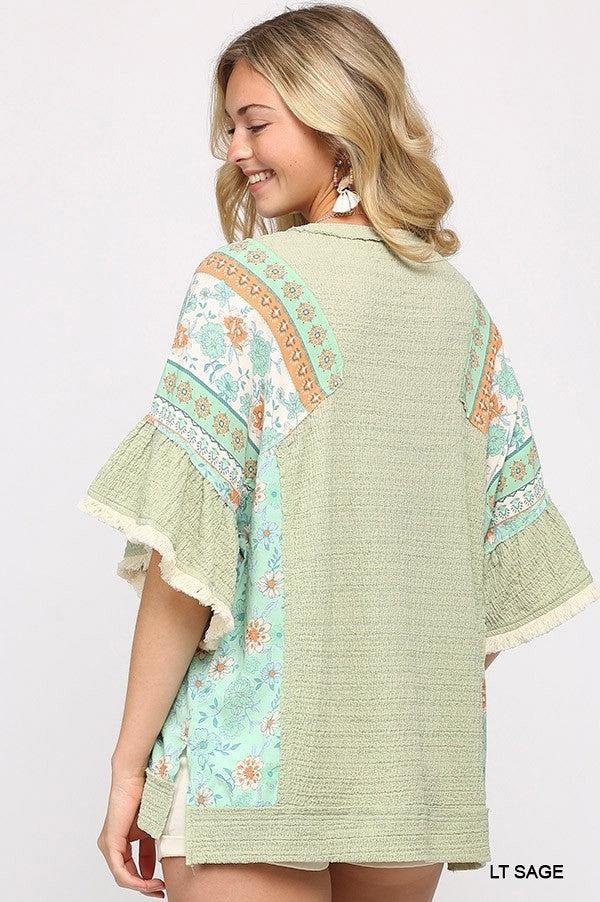 Texture Knit And Print Mixed Hi Low Hem Top Blue Zone Planet