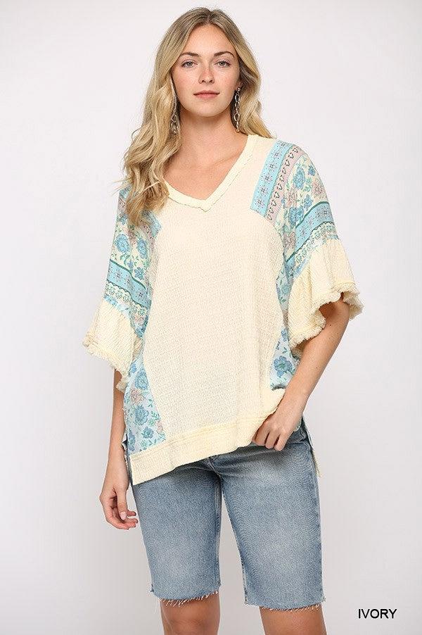 Texture Knit And Print Mixed Hi Low Hem Top Blue Zone Planet