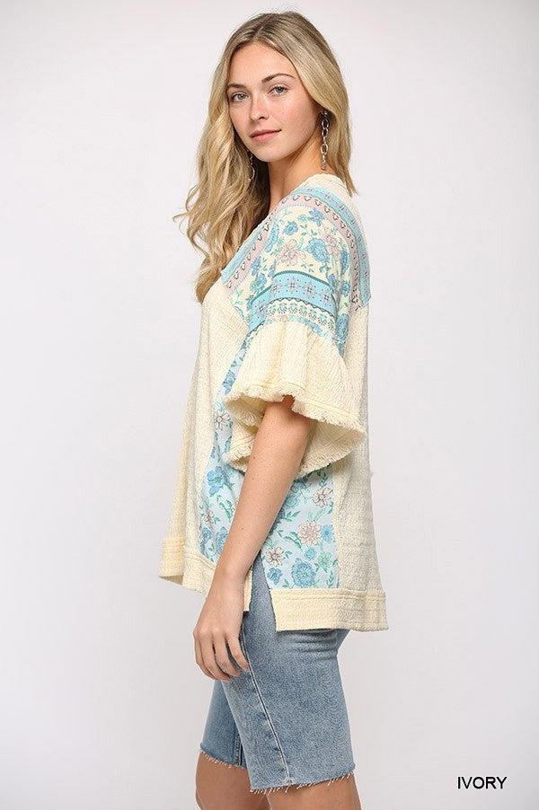 Texture Knit And Print Mixed Hi Low Hem Top Blue Zone Planet