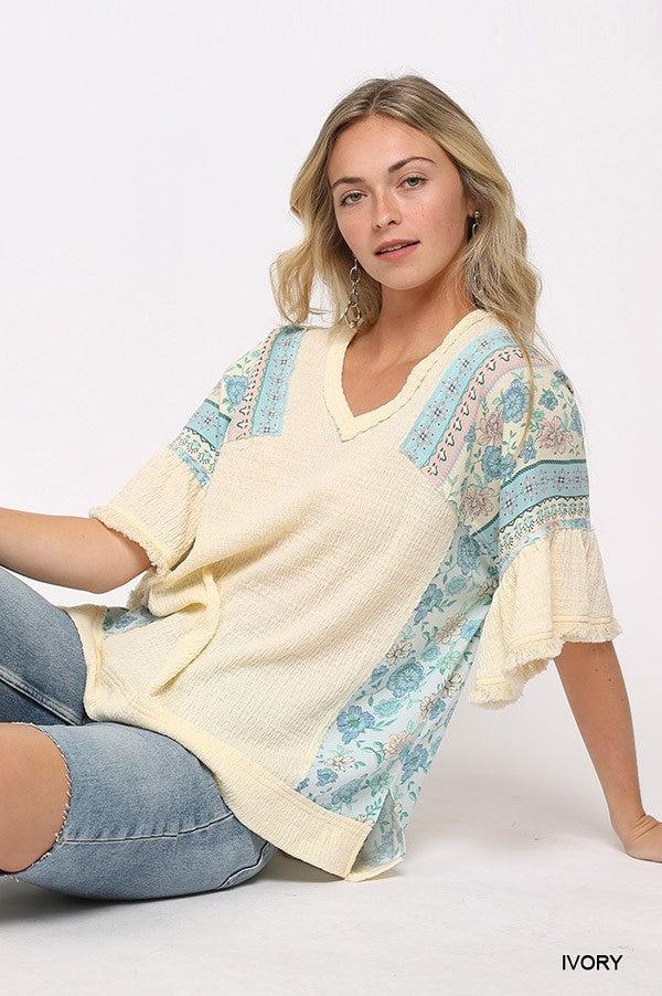Texture Knit And Print Mixed Hi Low Hem Top Blue Zone Planet