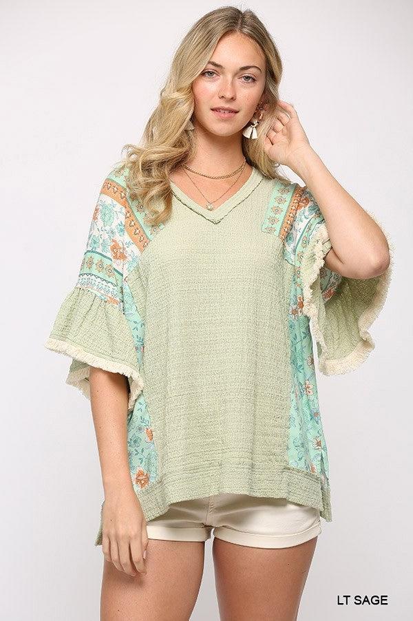 Texture Knit And Print Mixed Hi Low Hem Top Blue Zone Planet