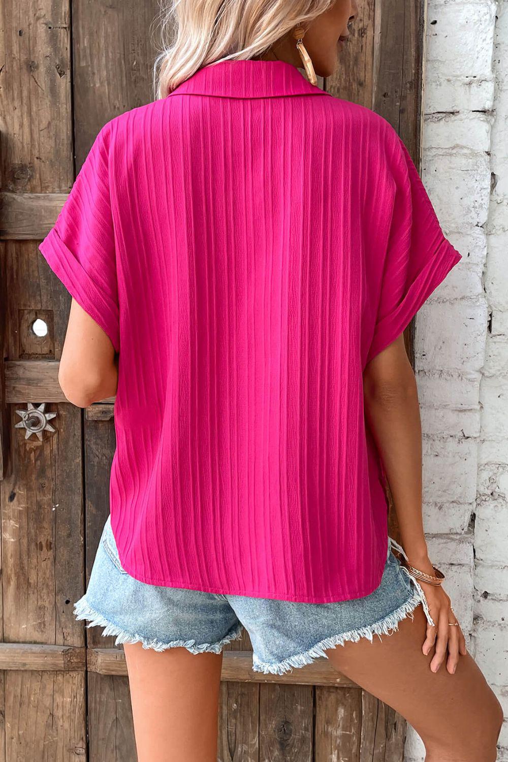 Textured Button-Up Cuffed Dolman Sleeve Shirt BLUE ZONE PLANET