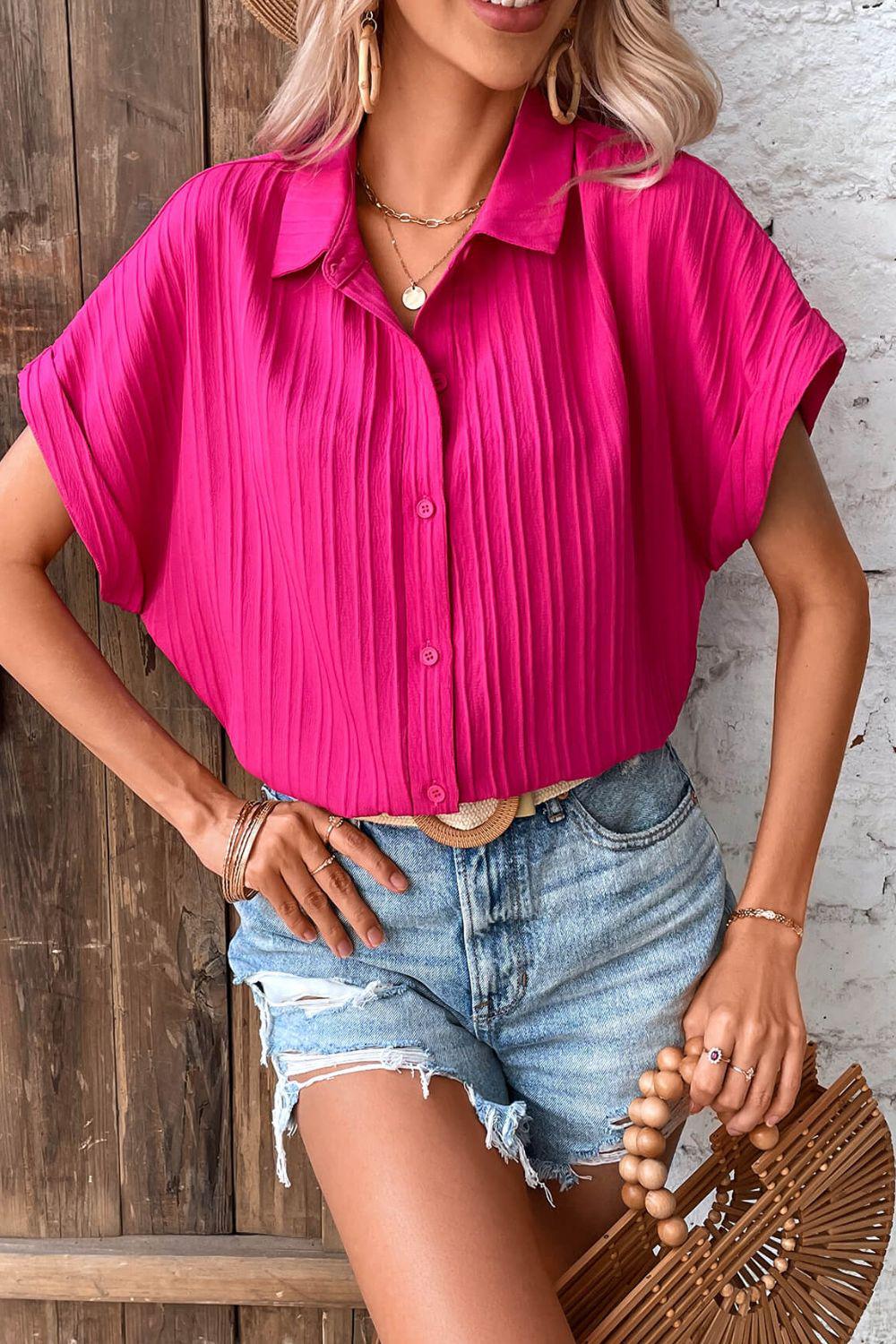 Textured Button-Up Cuffed Dolman Sleeve Shirt BLUE ZONE PLANET