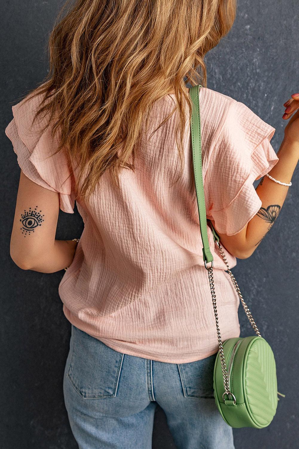 Textured Flutter Sleeve Keyhole Blouse BLUE ZONE PLANET