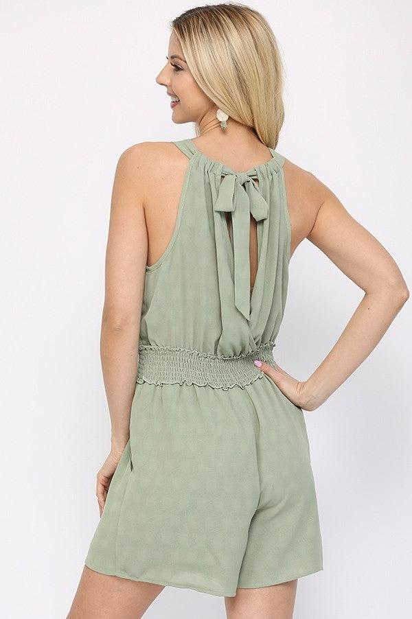 Textured Woven And Smocking Waist Romper With Back Open And Tie Blue Zone Planet