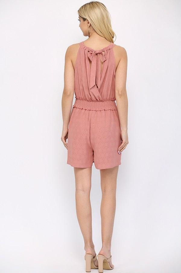 Textured Woven And Smocking Waist Romper With Back Open And Tie Blue Zone Planet