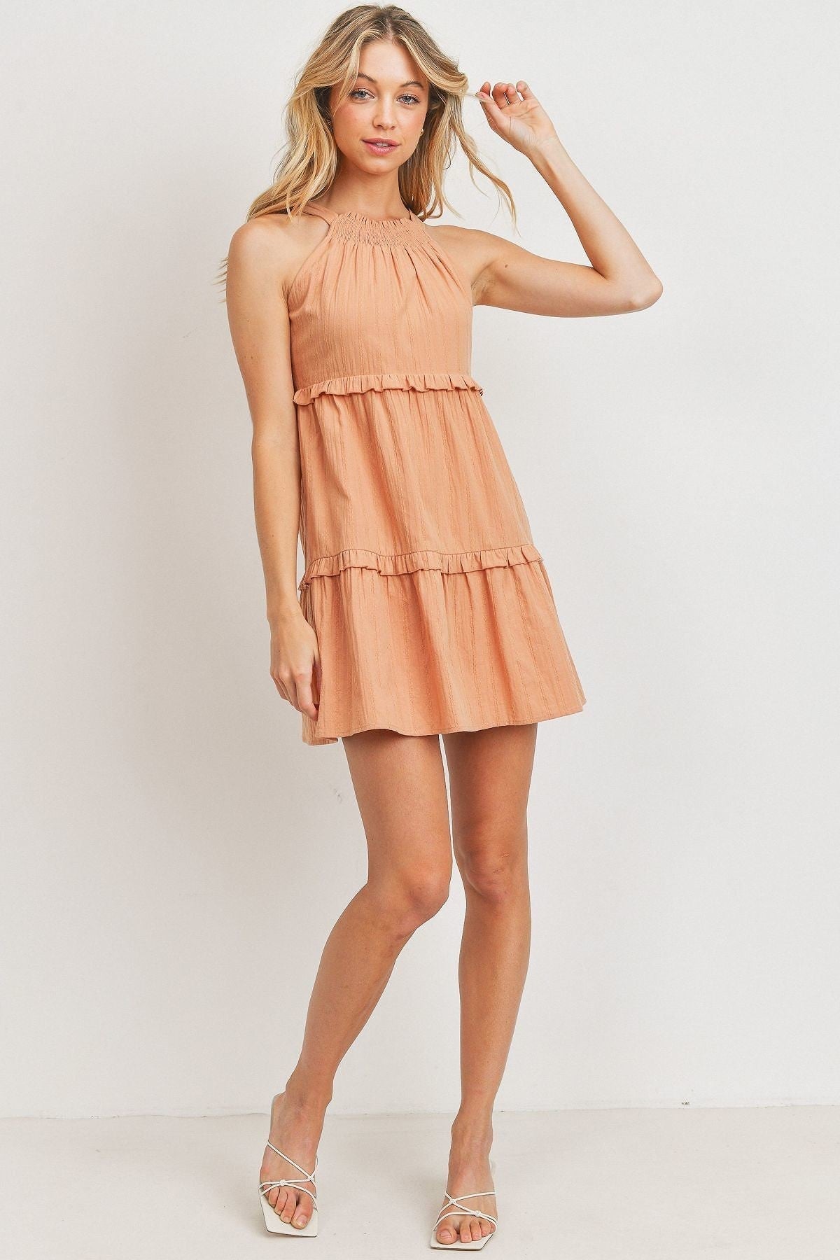 Textured Woven Fabric With Tiered Mini Dress Blue Zone Planet