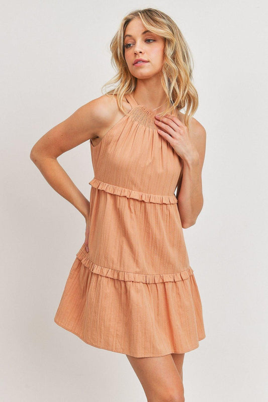 Textured Woven Fabric With Tiered Mini Dress Blue Zone Planet