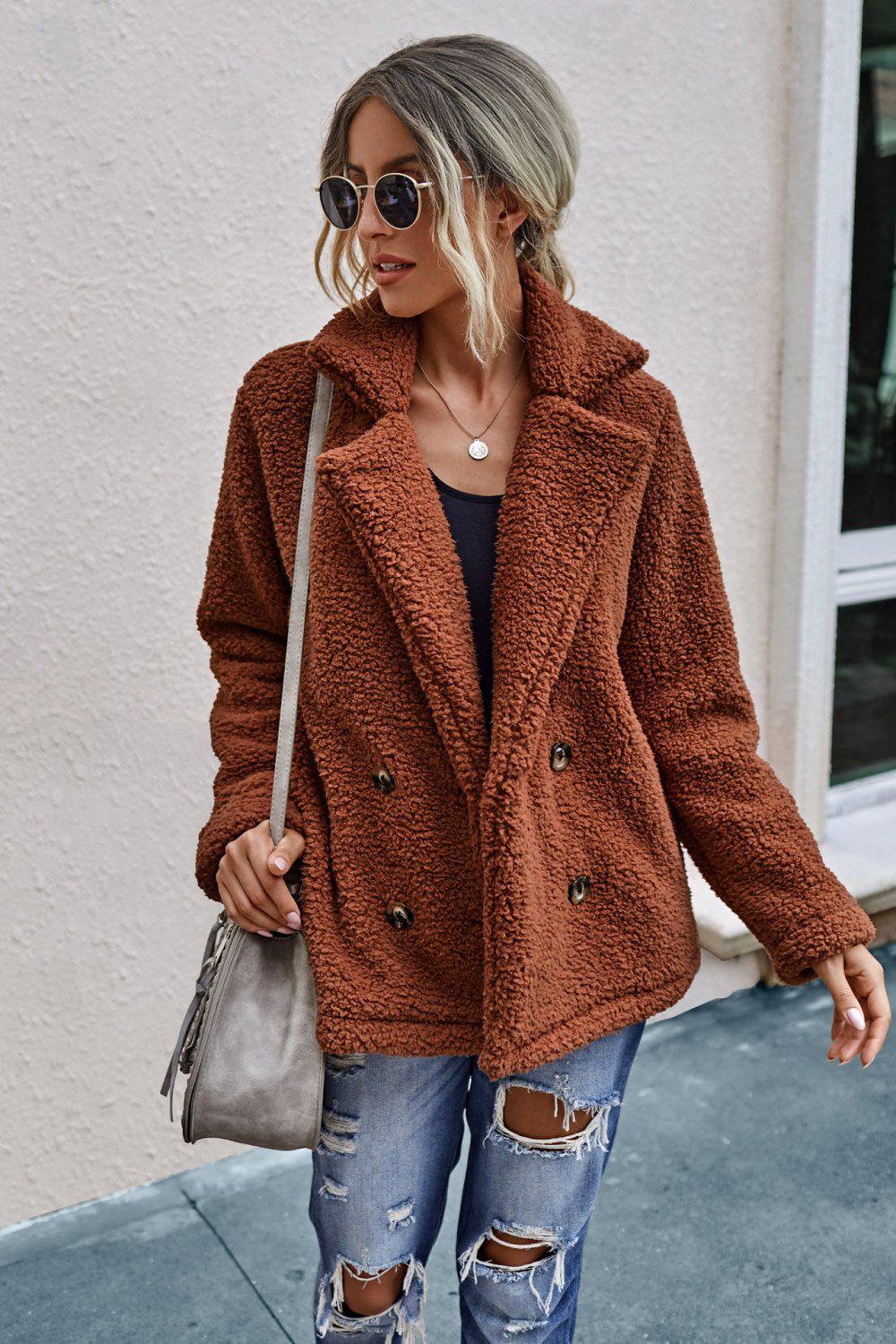 The Softest Double Button Lapel Collar Teddy Coat BLUE ZONE PLANET