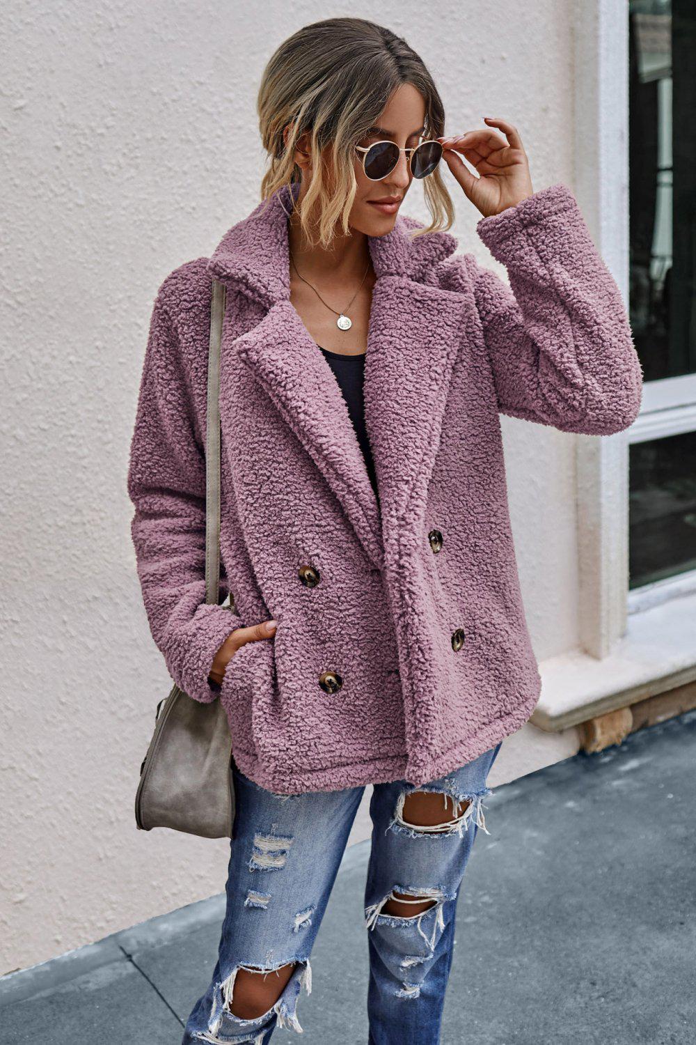The Softest Double Button Lapel Collar Teddy Coat BLUE ZONE PLANET