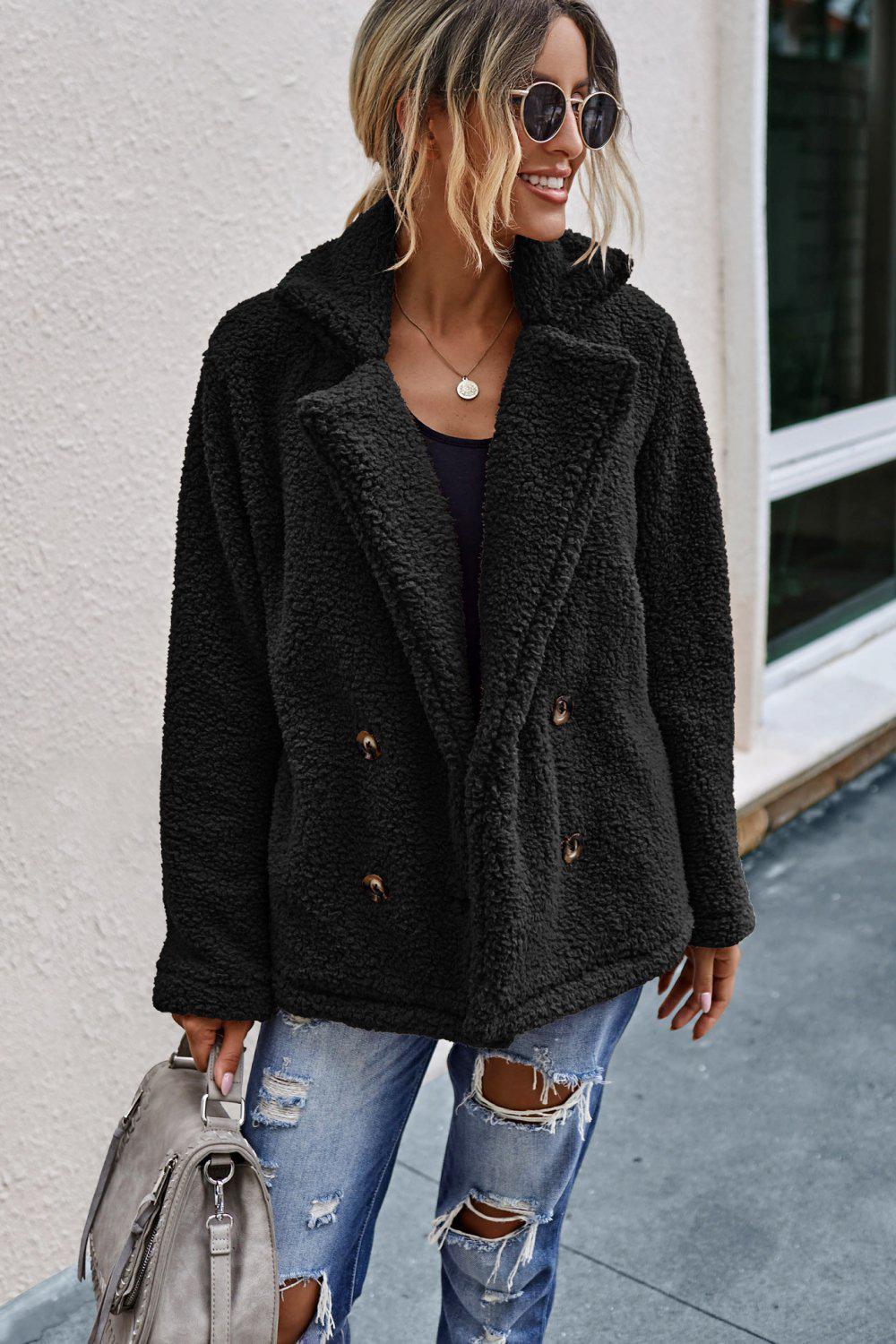 The Softest Double Button Lapel Collar Teddy Coat BLUE ZONE PLANET