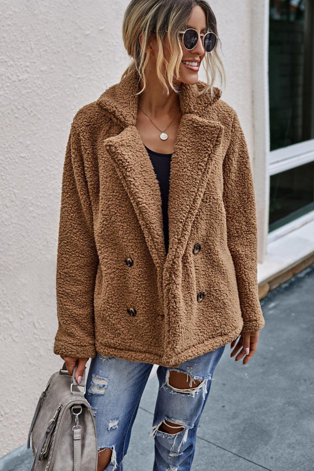The Softest Double Button Lapel Collar Teddy Coat BLUE ZONE PLANET