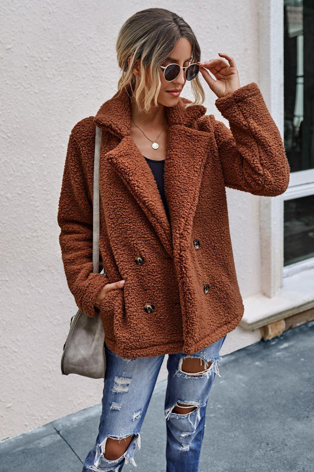 The Softest Double Button Lapel Collar Teddy Coat BLUE ZONE PLANET