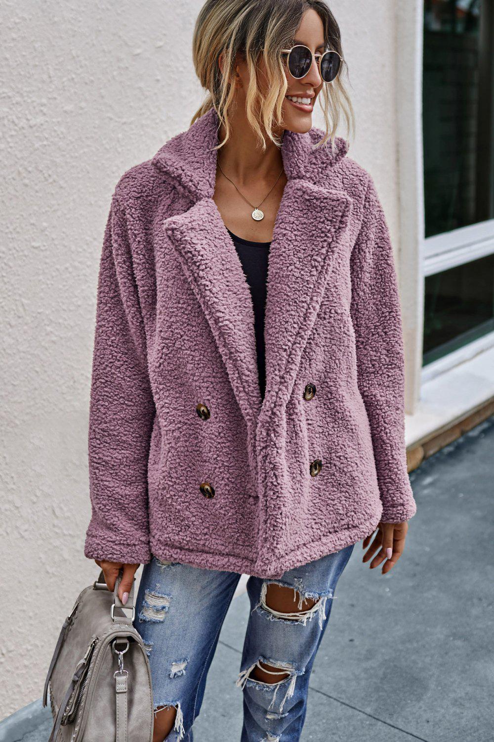 The Softest Double Button Lapel Collar Teddy Coat BLUE ZONE PLANET