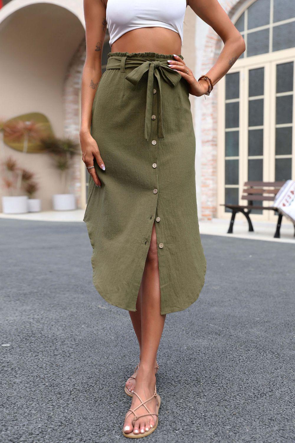 Tie Belt Frill Trim Buttoned Skirt BLUE ZONE PLANET