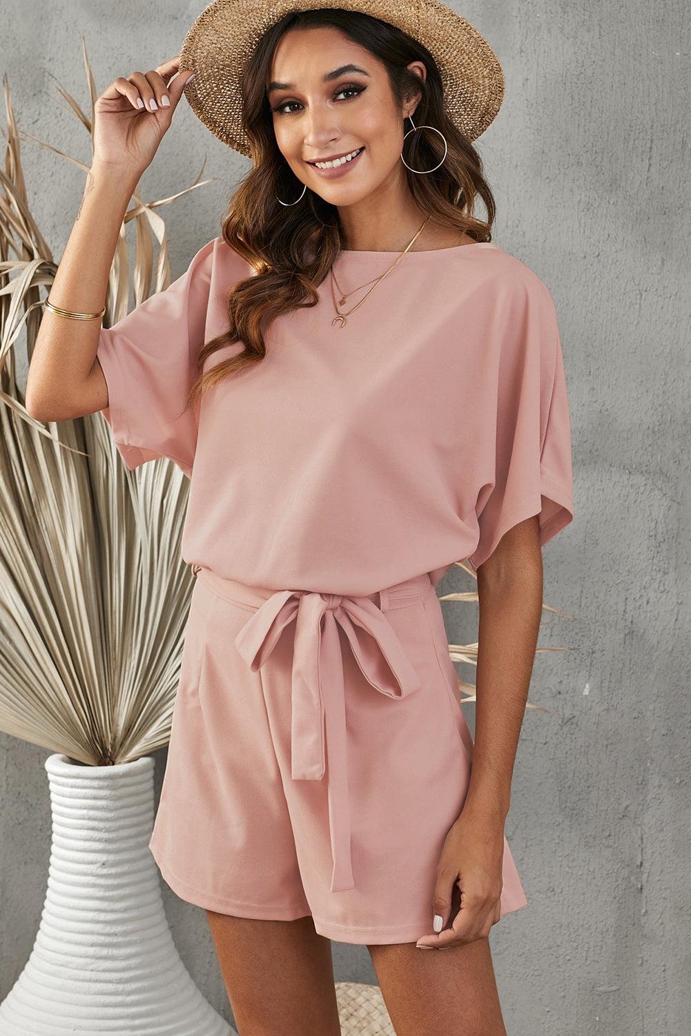 Tie Belt Short Sleeve Romper BLUE ZONE PLANET