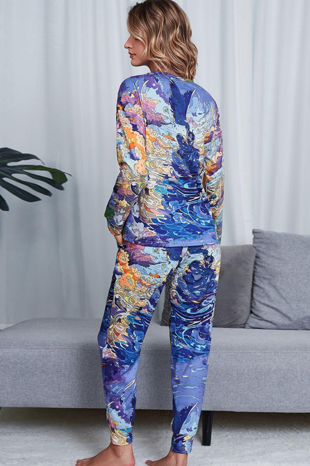 Tie-Dye Crewneck Top and Drawstring Waist Joggers Lounge Set BLUE ZONE PLANET