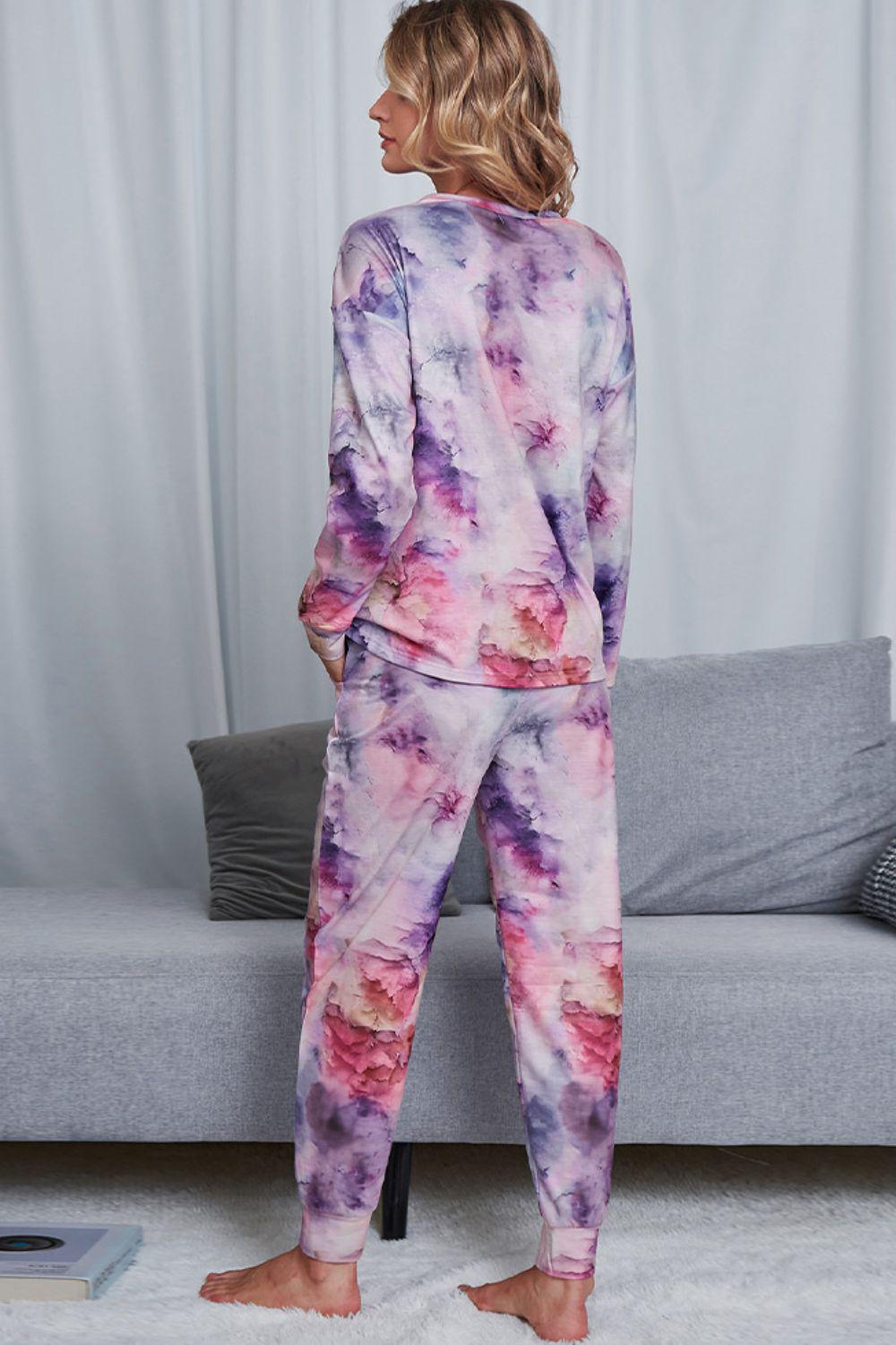 Tie-Dye Crewneck Top and Drawstring Waist Joggers Lounge Set BLUE ZONE PLANET