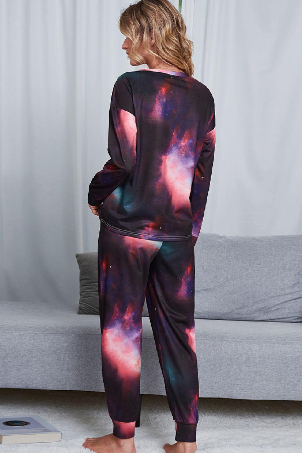 Tie-Dye Crewneck Top and Drawstring Waist Joggers Lounge Set BLUE ZONE PLANET