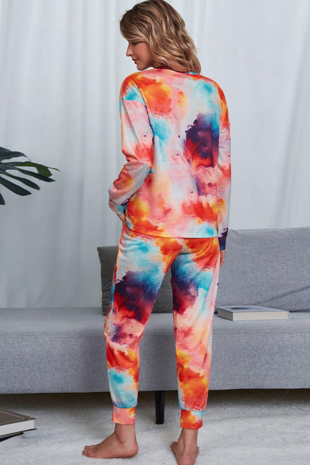 Tie-Dye Crewneck Top and Drawstring Waist Joggers Lounge Set BLUE ZONE PLANET
