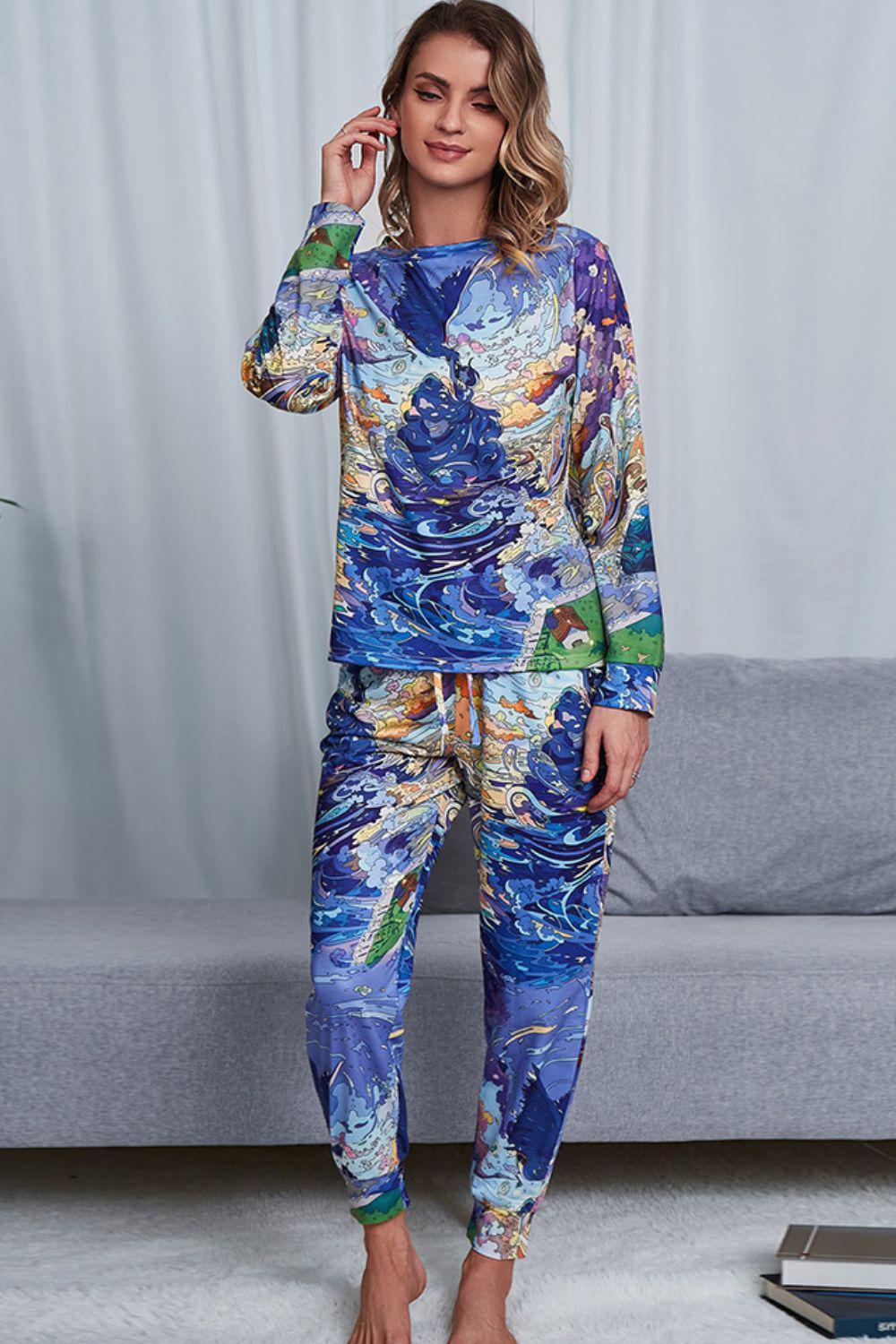 Tie-Dye Crewneck Top and Drawstring Waist Joggers Lounge Set BLUE ZONE PLANET
