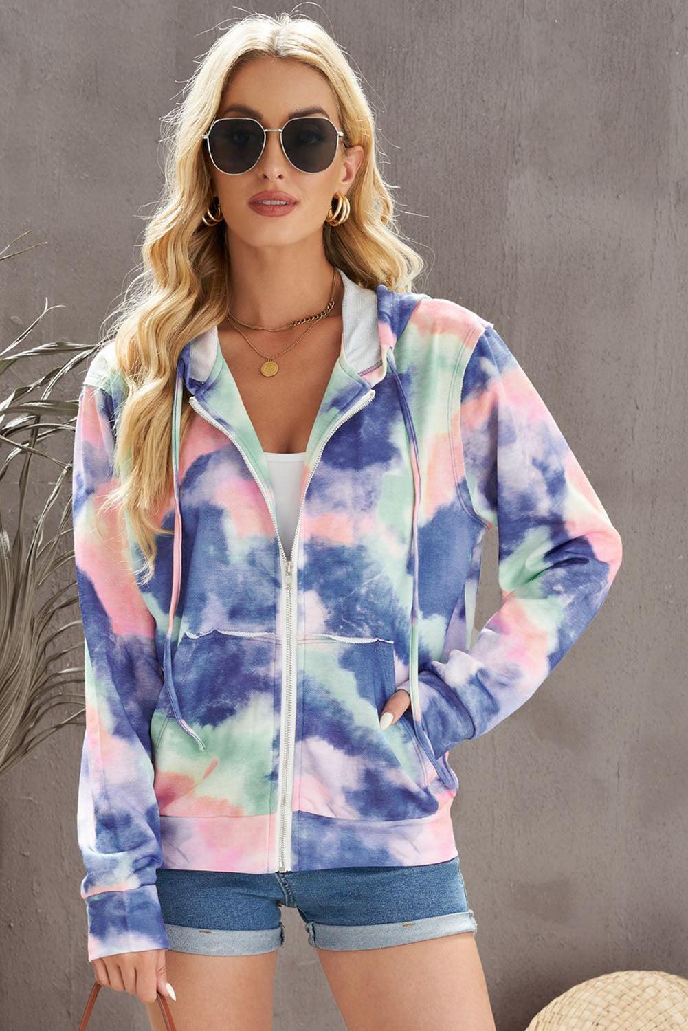 Tie-Dye Drawstring Detail Zip Up Hooded Jacket BLUE ZONE PLANET