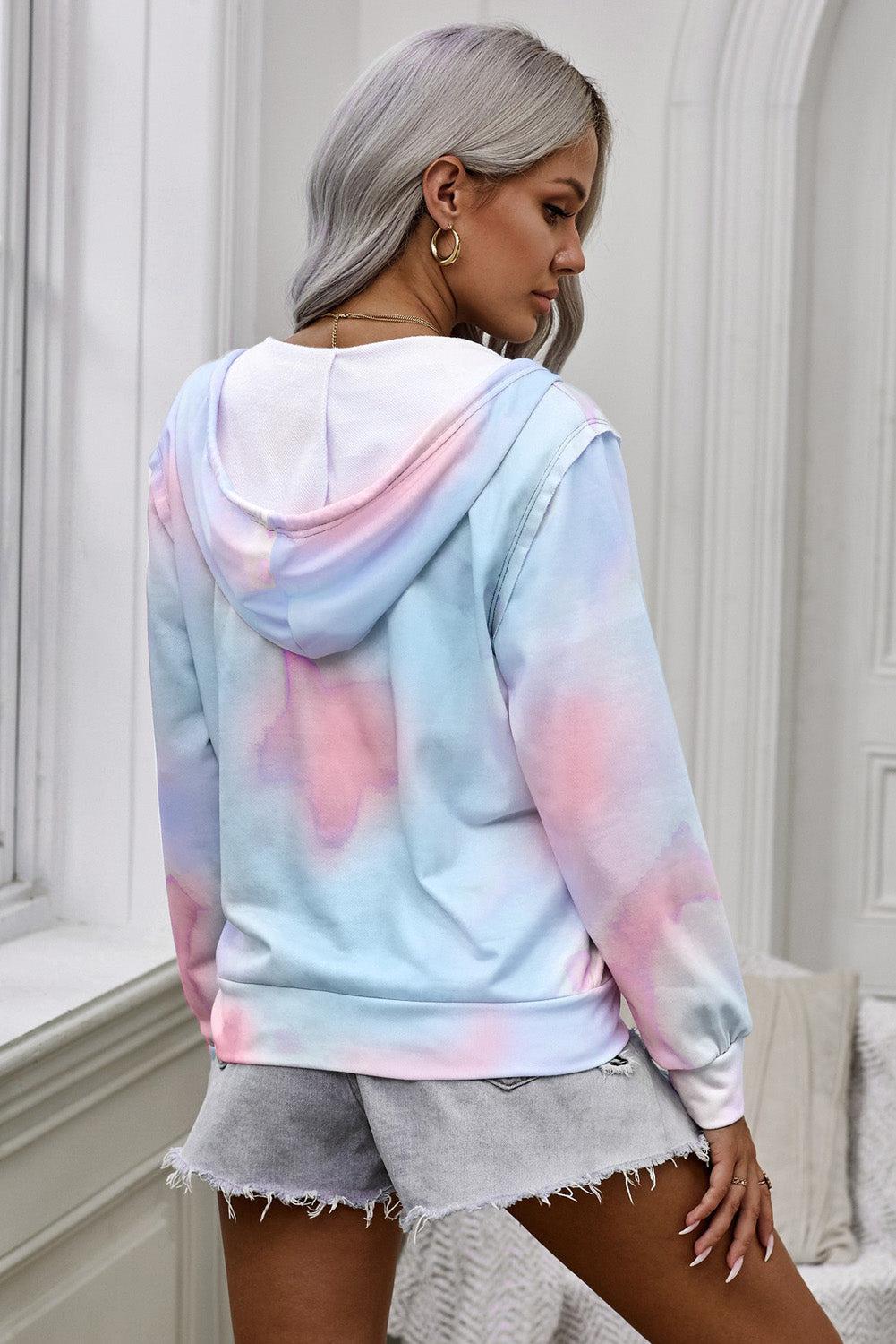 Tie-Dye Drawstring Detail Zip Up Hooded Jacket BLUE ZONE PLANET