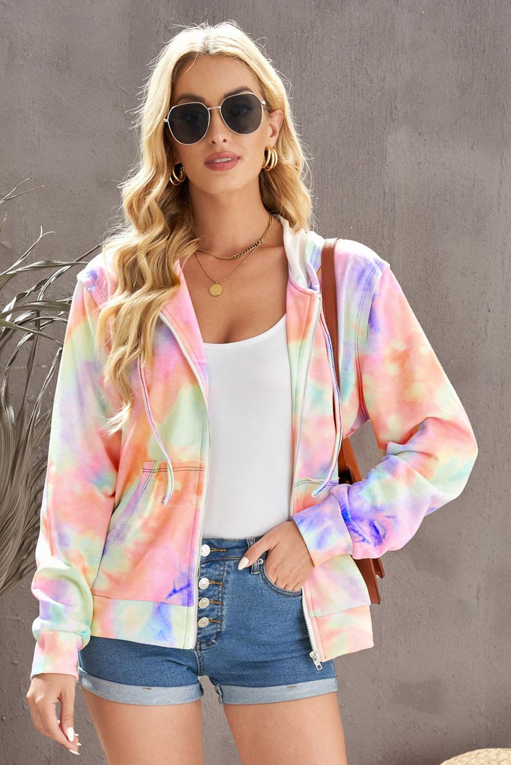 Tie-Dye Drawstring Detail Zip Up Hooded Jacket BLUE ZONE PLANET