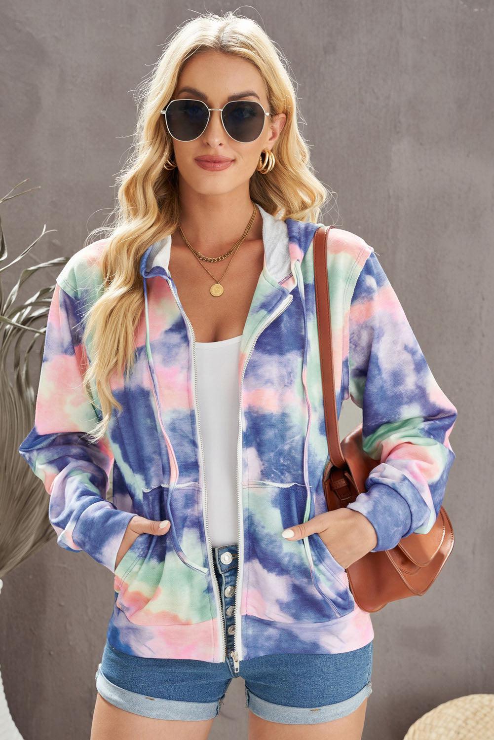 Tie-Dye Drawstring Detail Zip Up Hooded Jacket BLUE ZONE PLANET