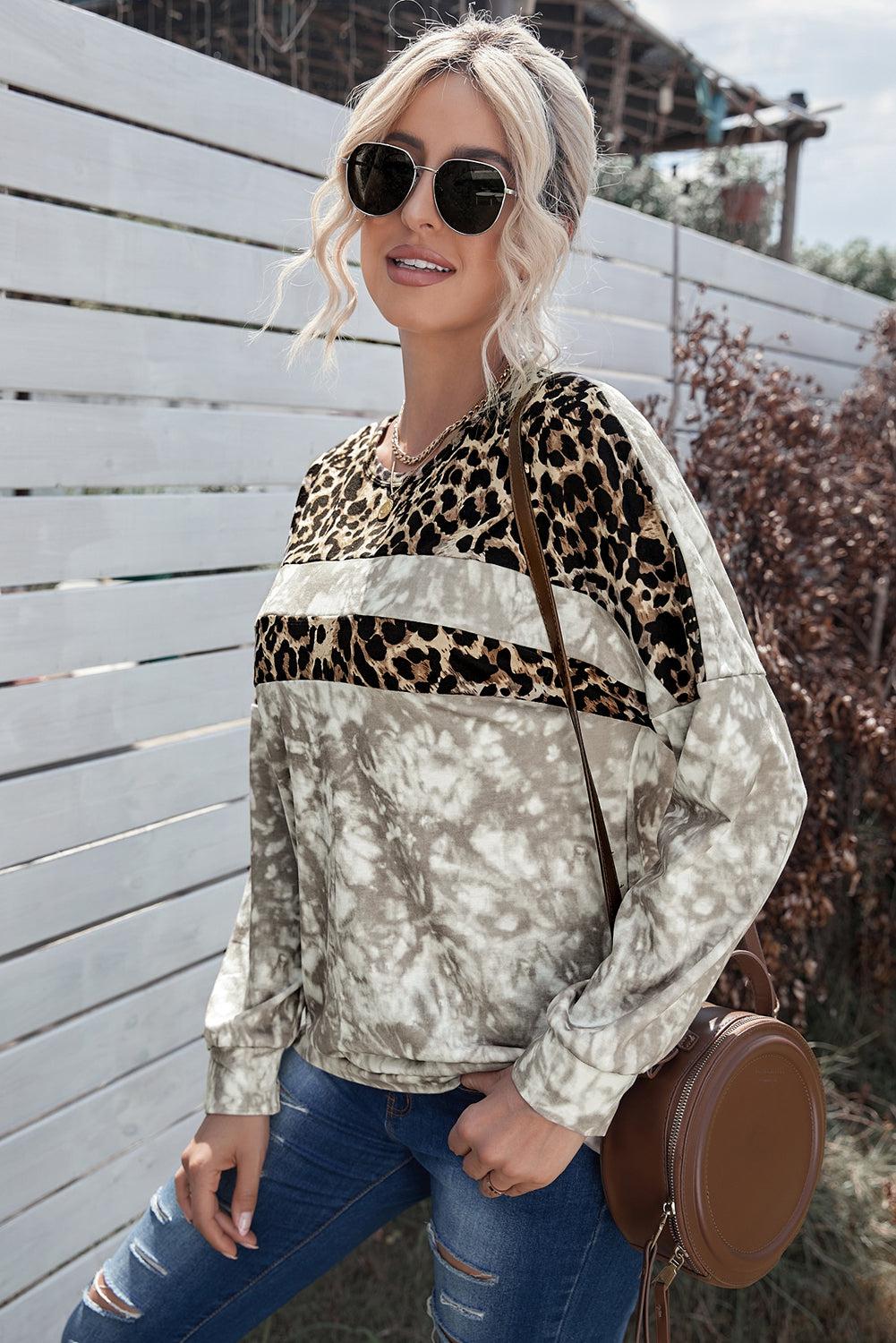 Tie-Dye Leopard Round Neck Sweatshirt BLUE ZONE PLANET