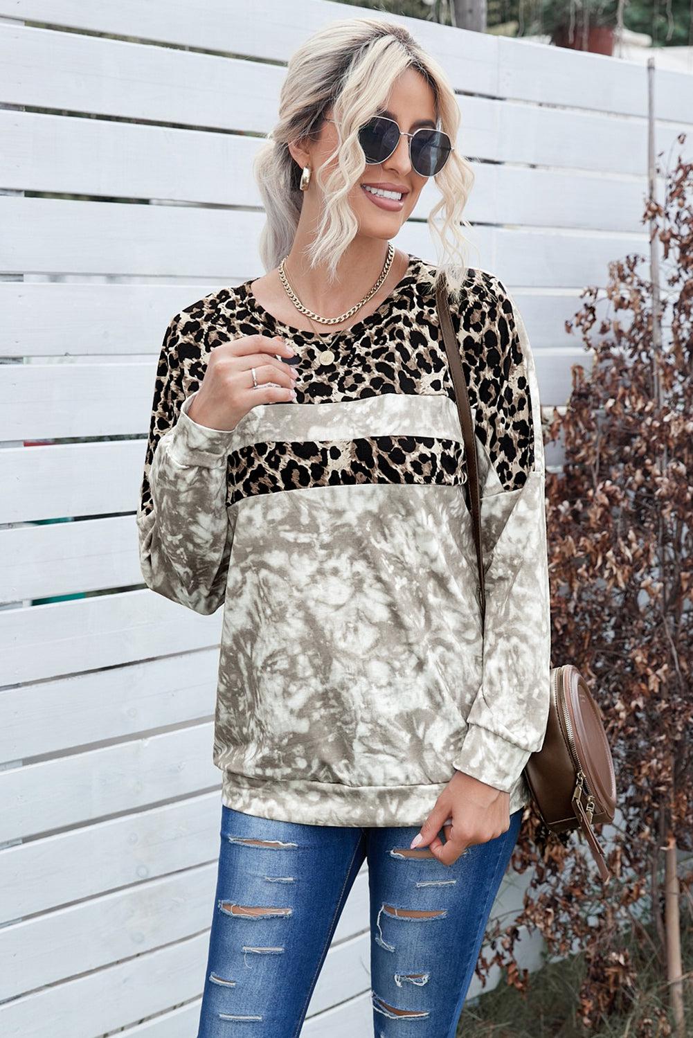 Tie-Dye Leopard Round Neck Sweatshirt BLUE ZONE PLANET