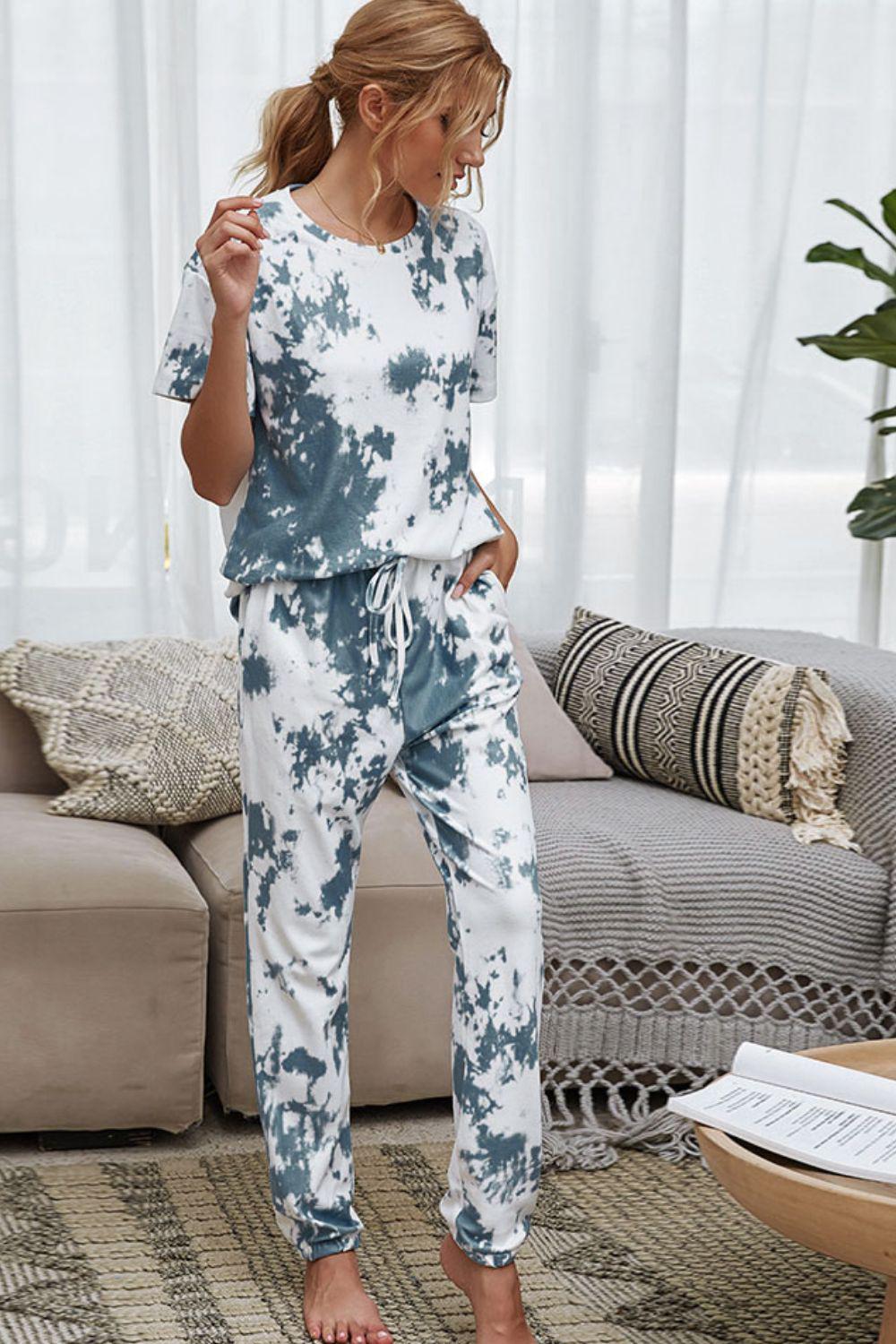 Tie-Dye Tee and Drawstring Waist Joggers Lounge Set BLUE ZONE PLANET