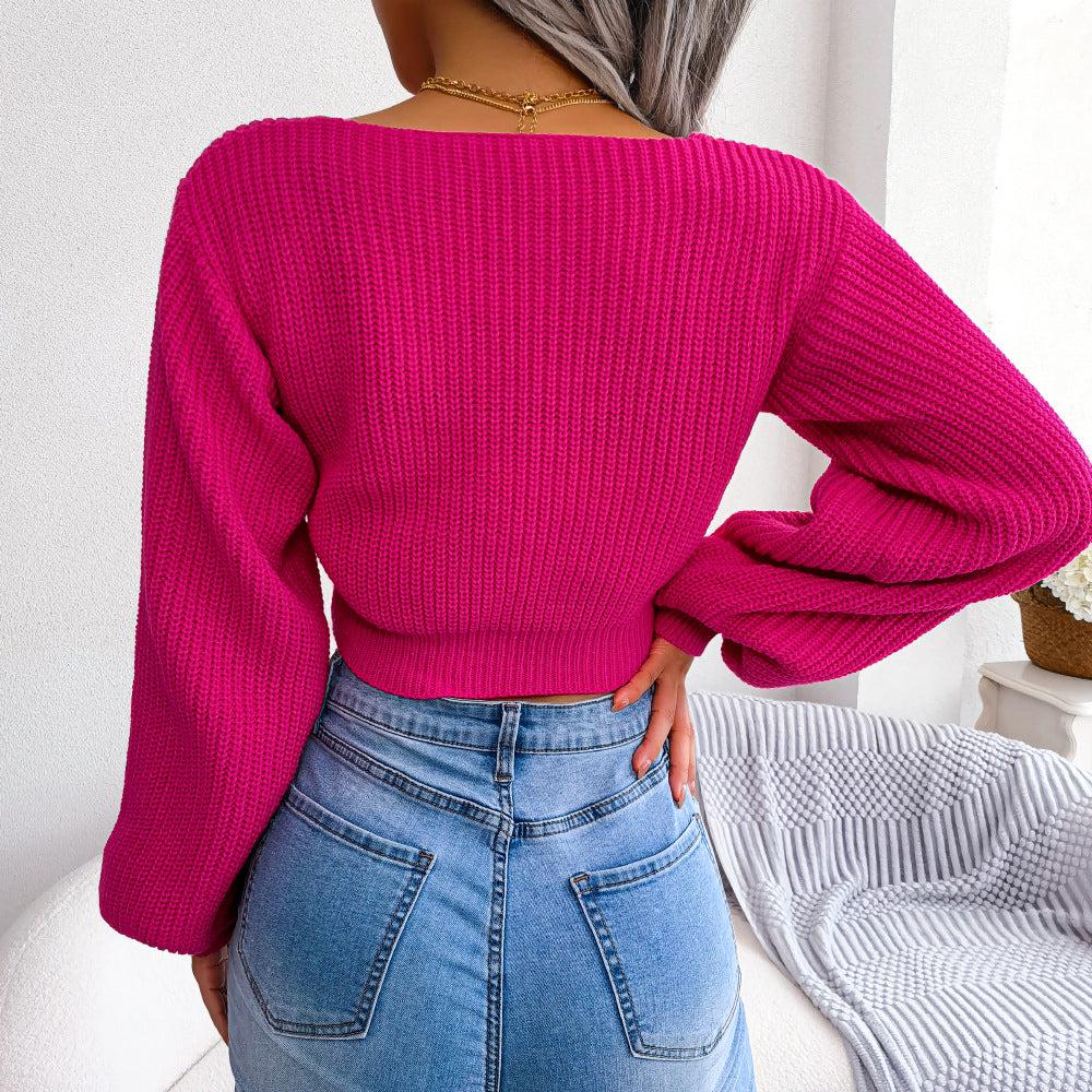 Tie-Front Rib-Knit Cropped Sweater BLUE ZONE PLANET