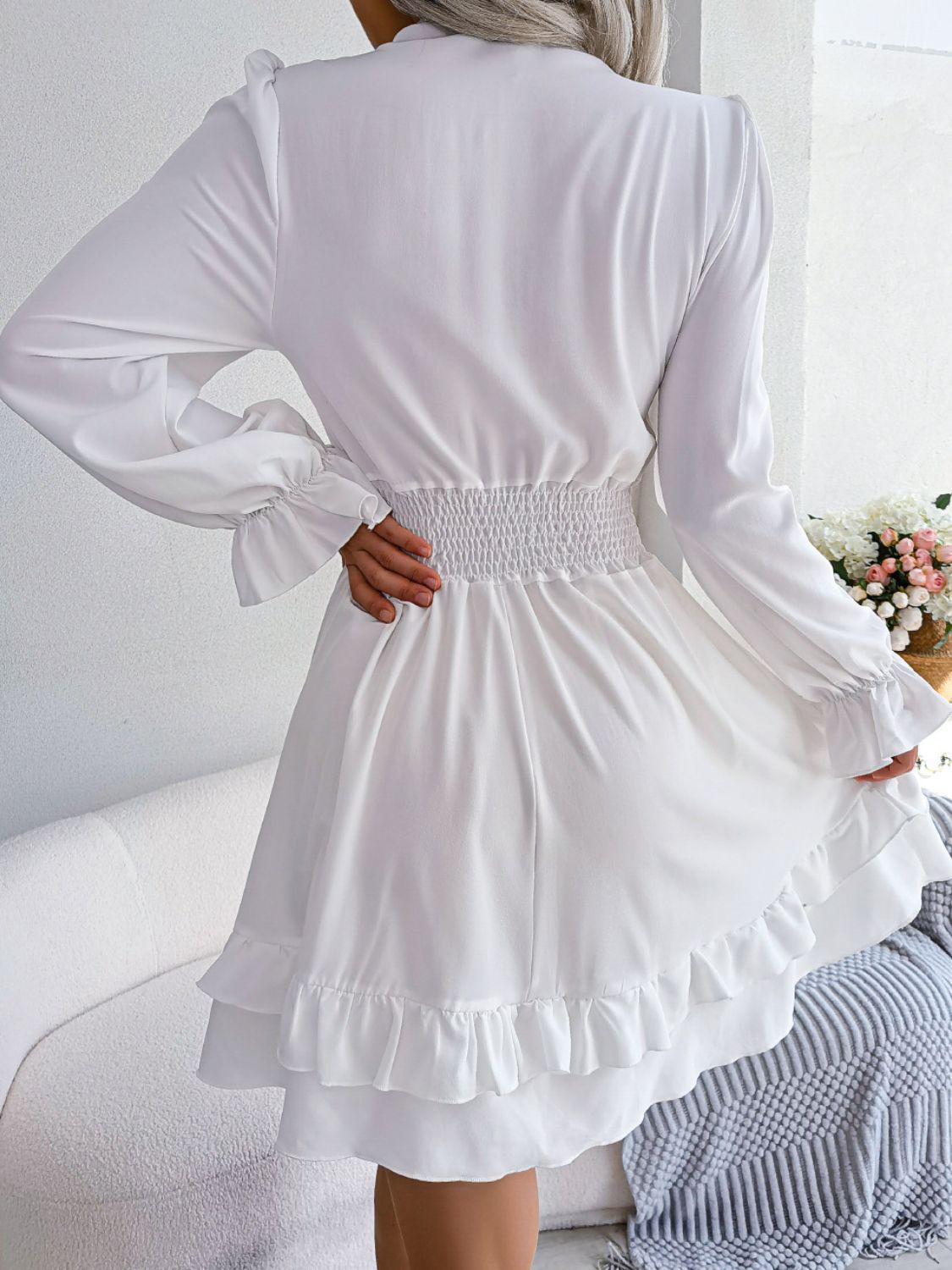 Tie Front Smocked Waist Flounce Sleeve Dress BLUE ZONE PLANET