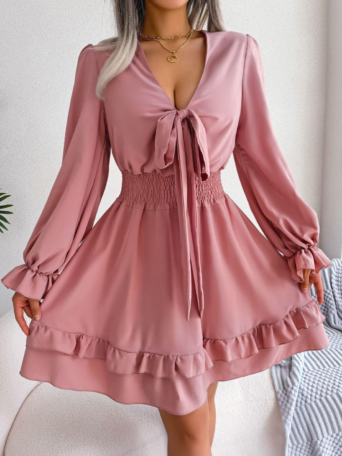 Tie Front Smocked Waist Flounce Sleeve Dress BLUE ZONE PLANET