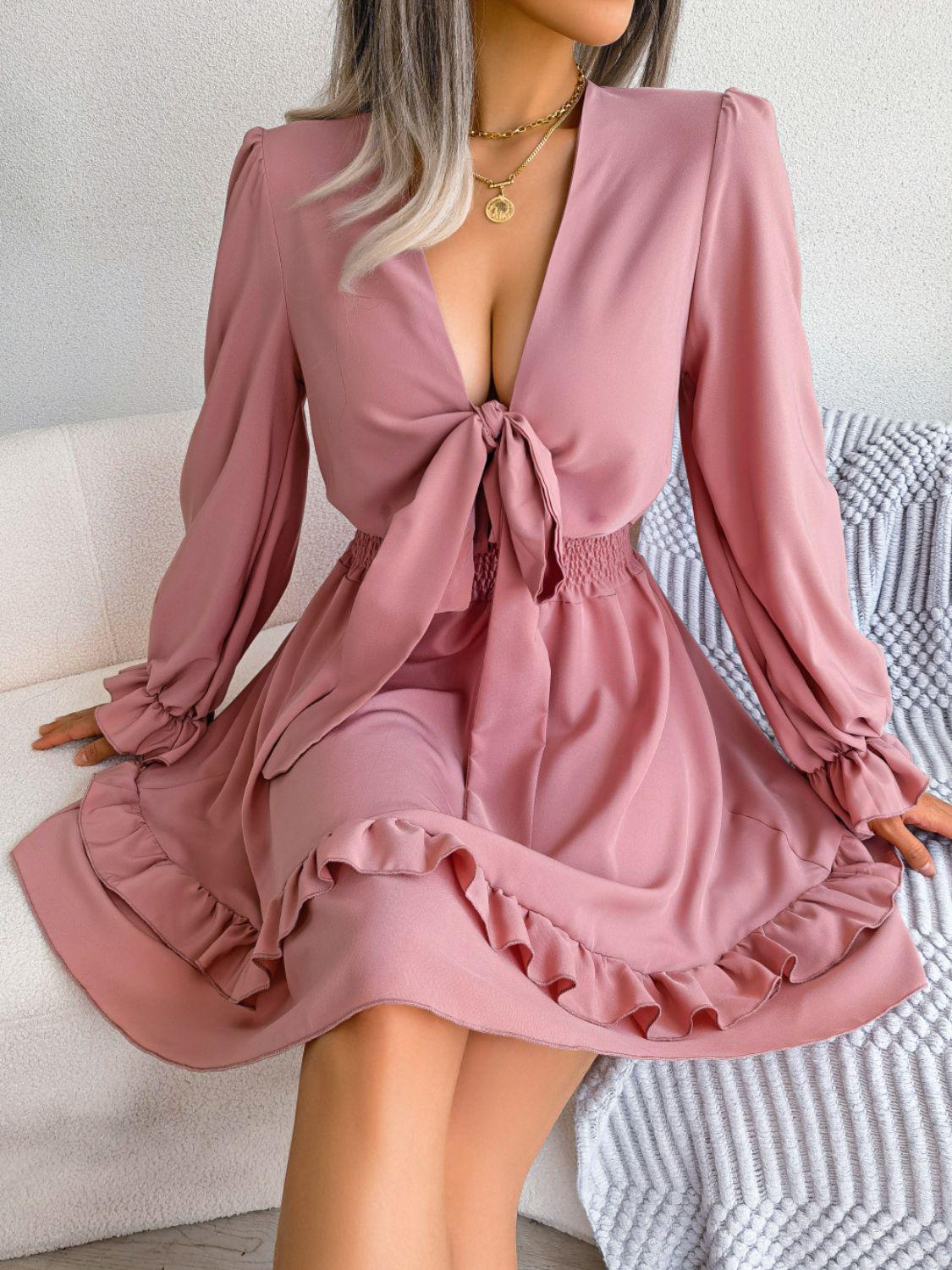 Tie Front Smocked Waist Flounce Sleeve Dress BLUE ZONE PLANET