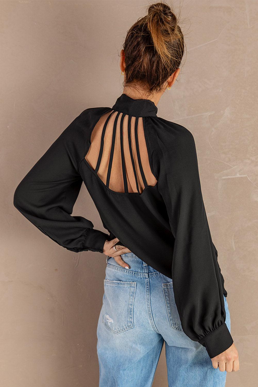Tie Neck Strappy Back Shirt BLUE ZONE PLANET