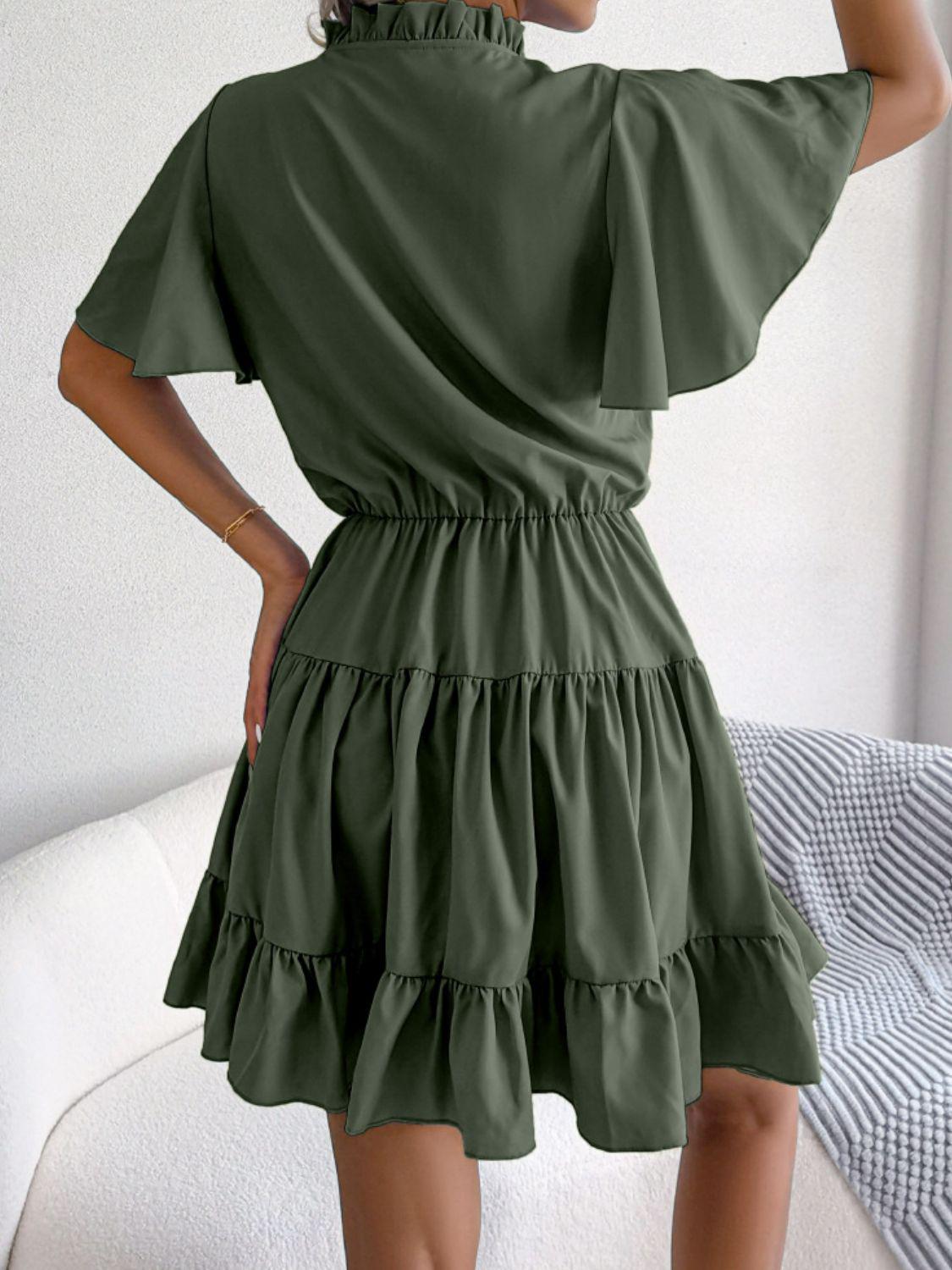 Tie Neck Tiered Flutter Sleeve Mini Dress BLUE ZONE PLANET