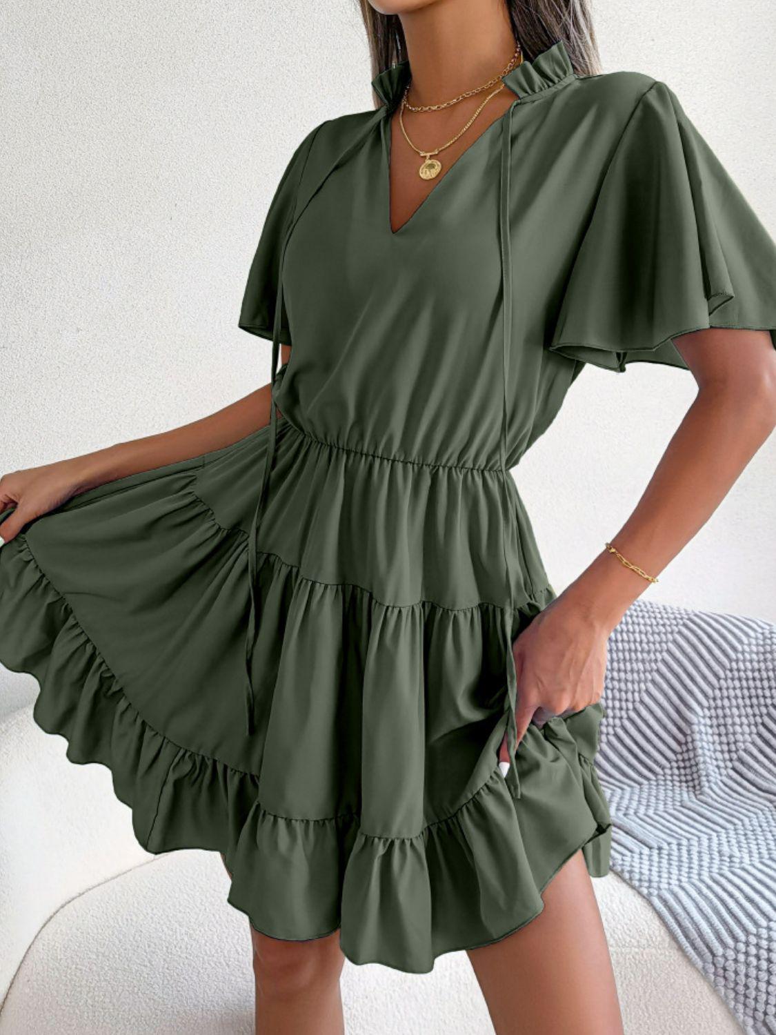 Tie Neck Tiered Flutter Sleeve Mini Dress BLUE ZONE PLANET