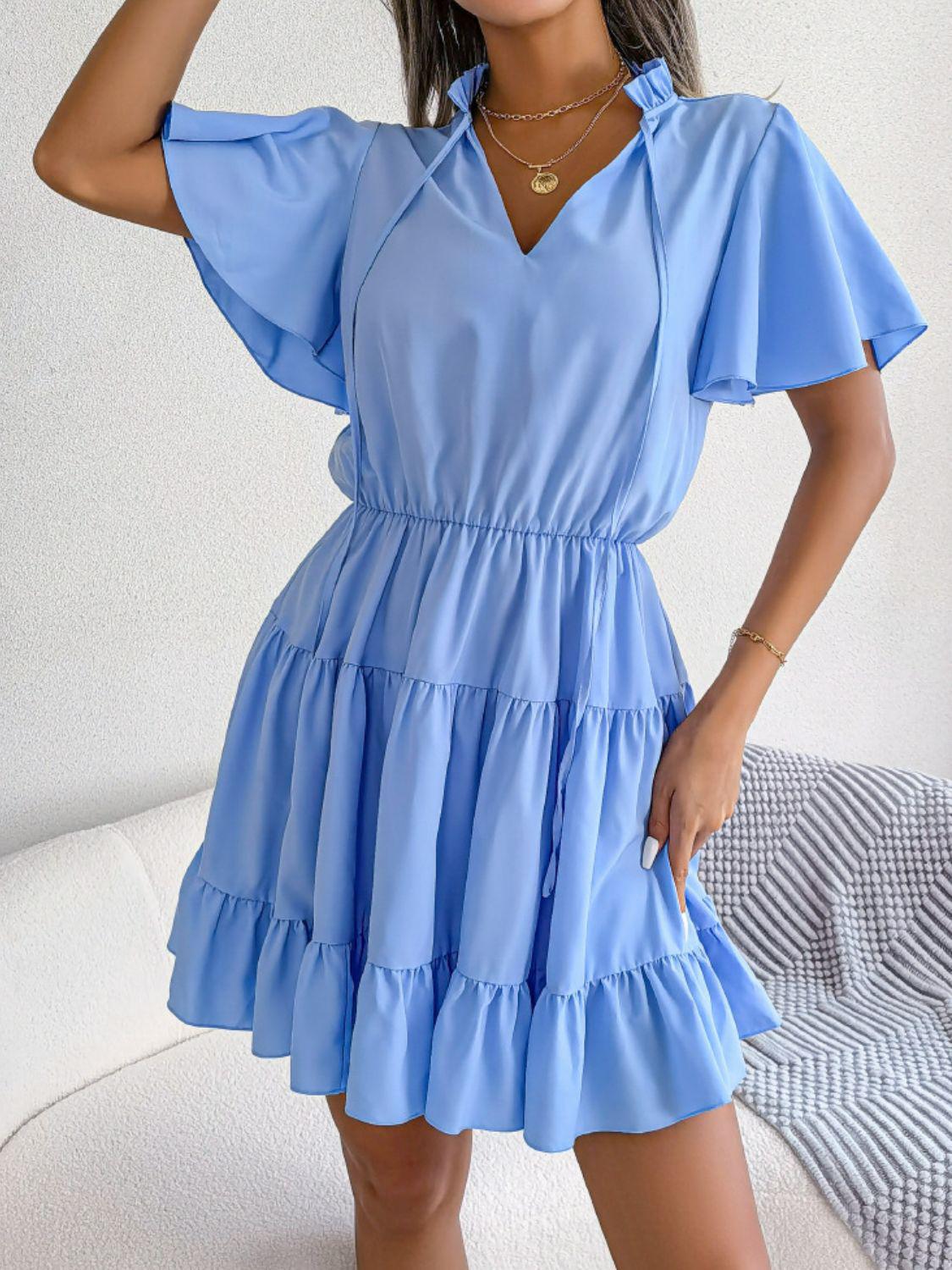 Tie Neck Tiered Flutter Sleeve Mini Dress BLUE ZONE PLANET