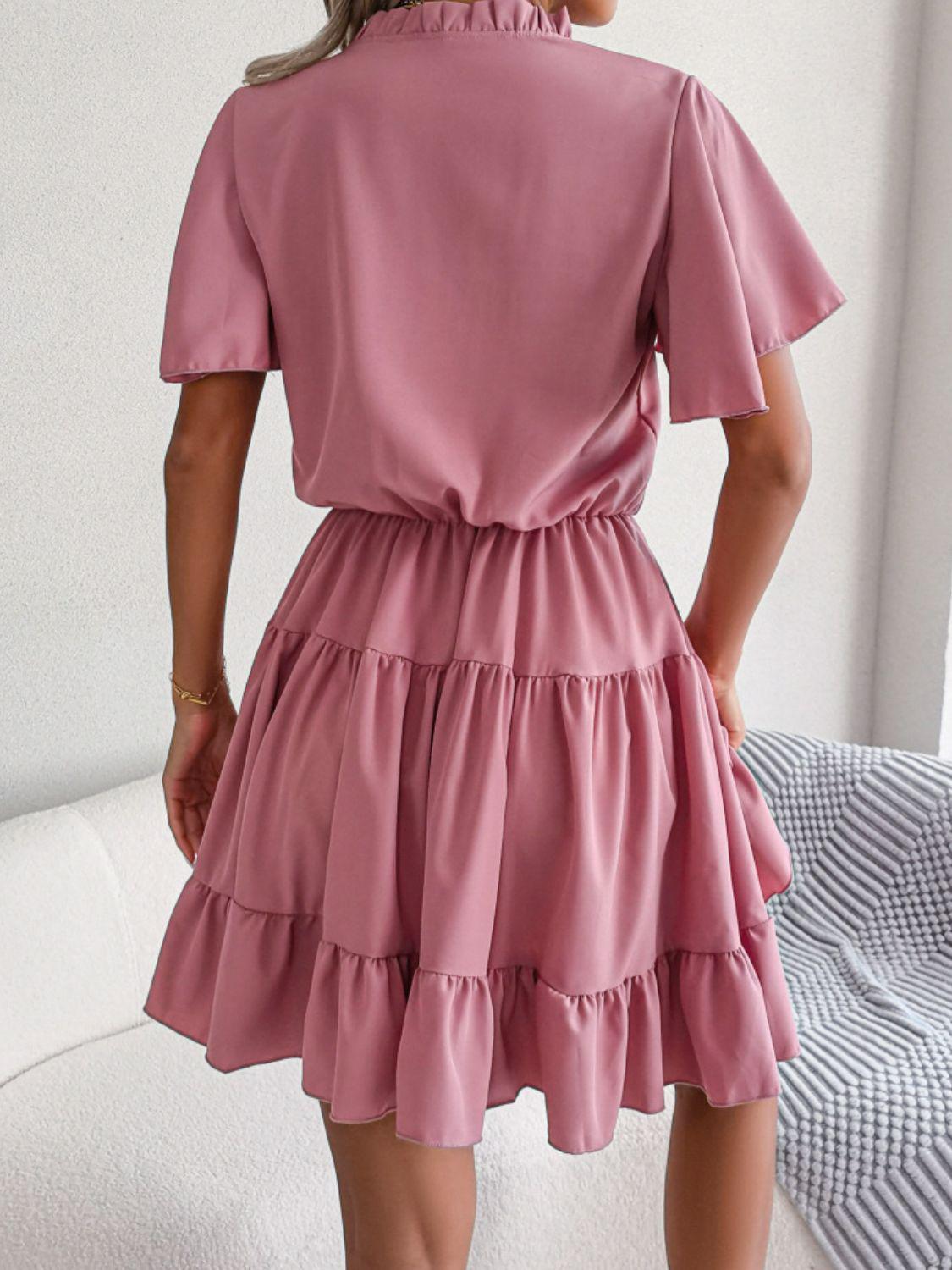 Tie Neck Tiered Flutter Sleeve Mini Dress BLUE ZONE PLANET