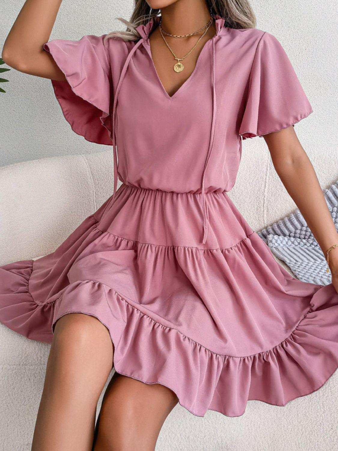 Tie Neck Tiered Flutter Sleeve Mini Dress BLUE ZONE PLANET