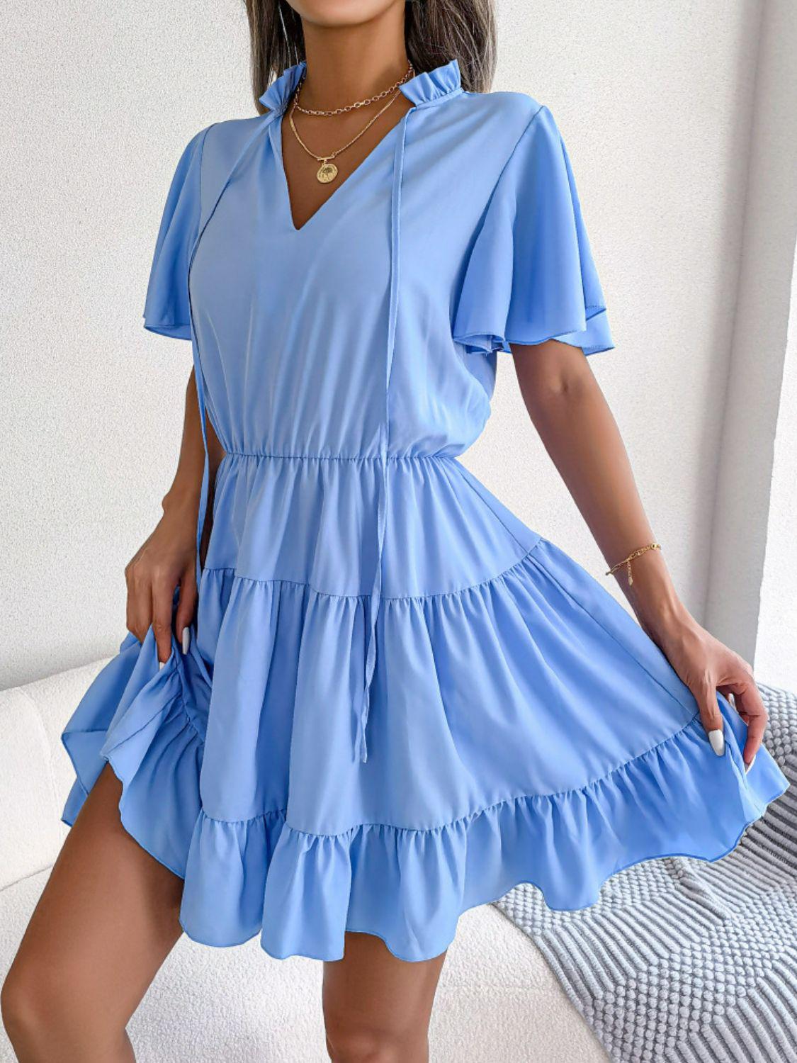 Tie Neck Tiered Flutter Sleeve Mini Dress BLUE ZONE PLANET