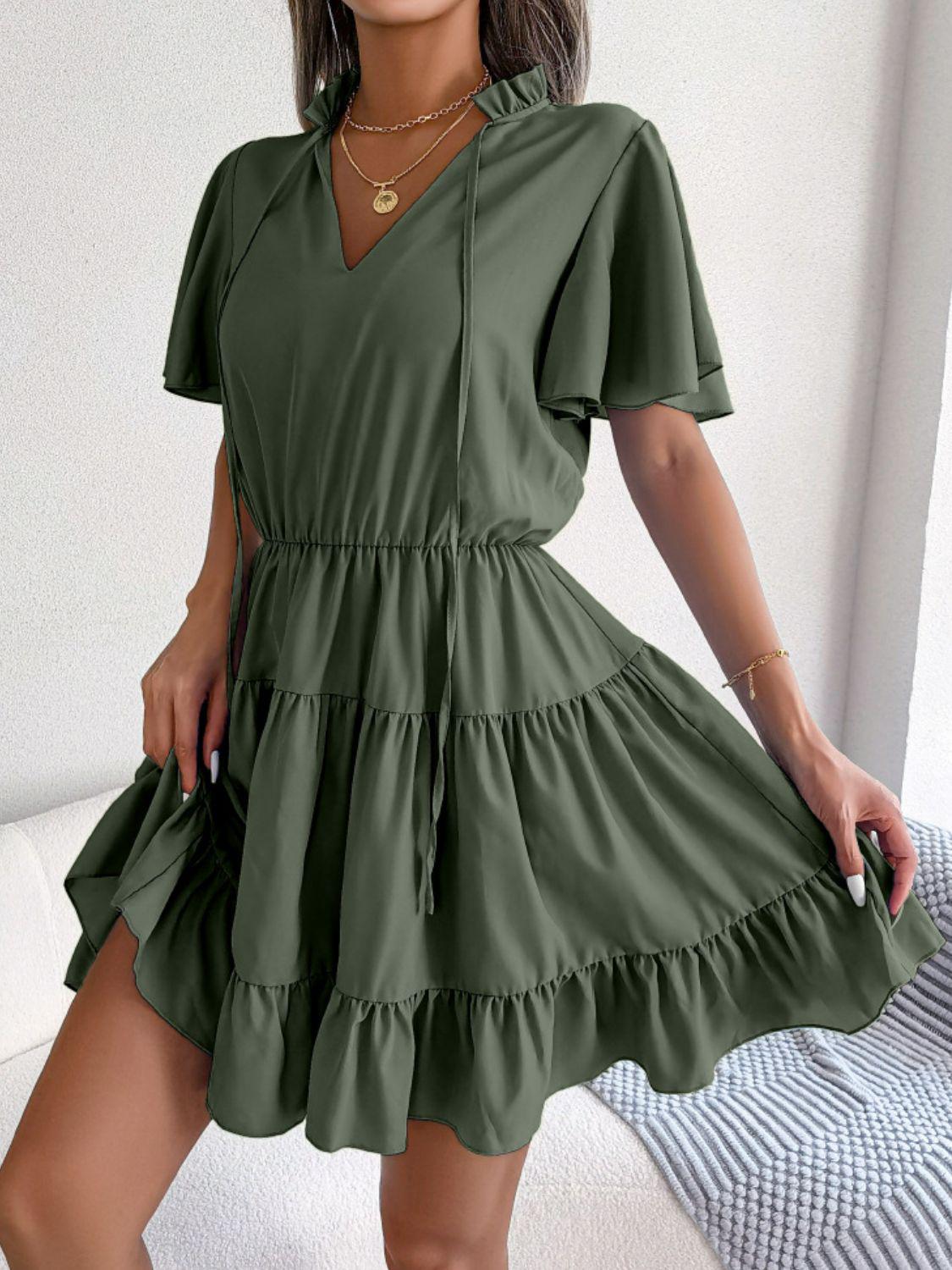 Tie Neck Tiered Flutter Sleeve Mini Dress BLUE ZONE PLANET