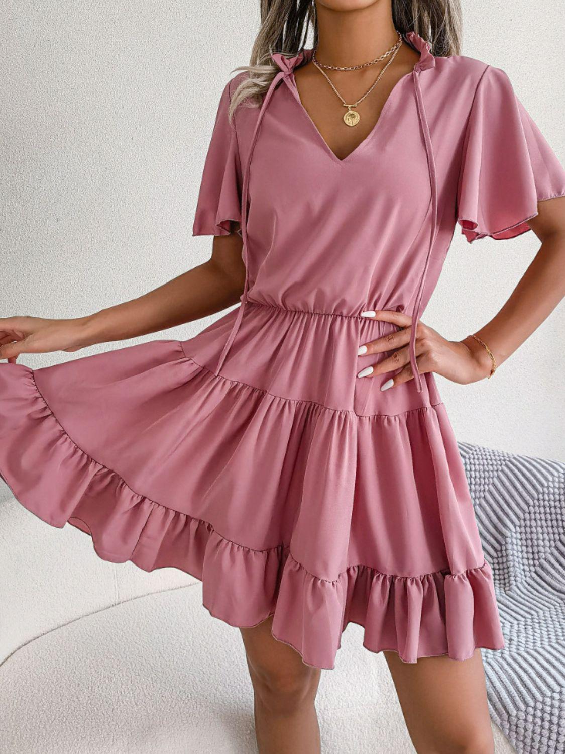 Tie Neck Tiered Flutter Sleeve Mini Dress BLUE ZONE PLANET