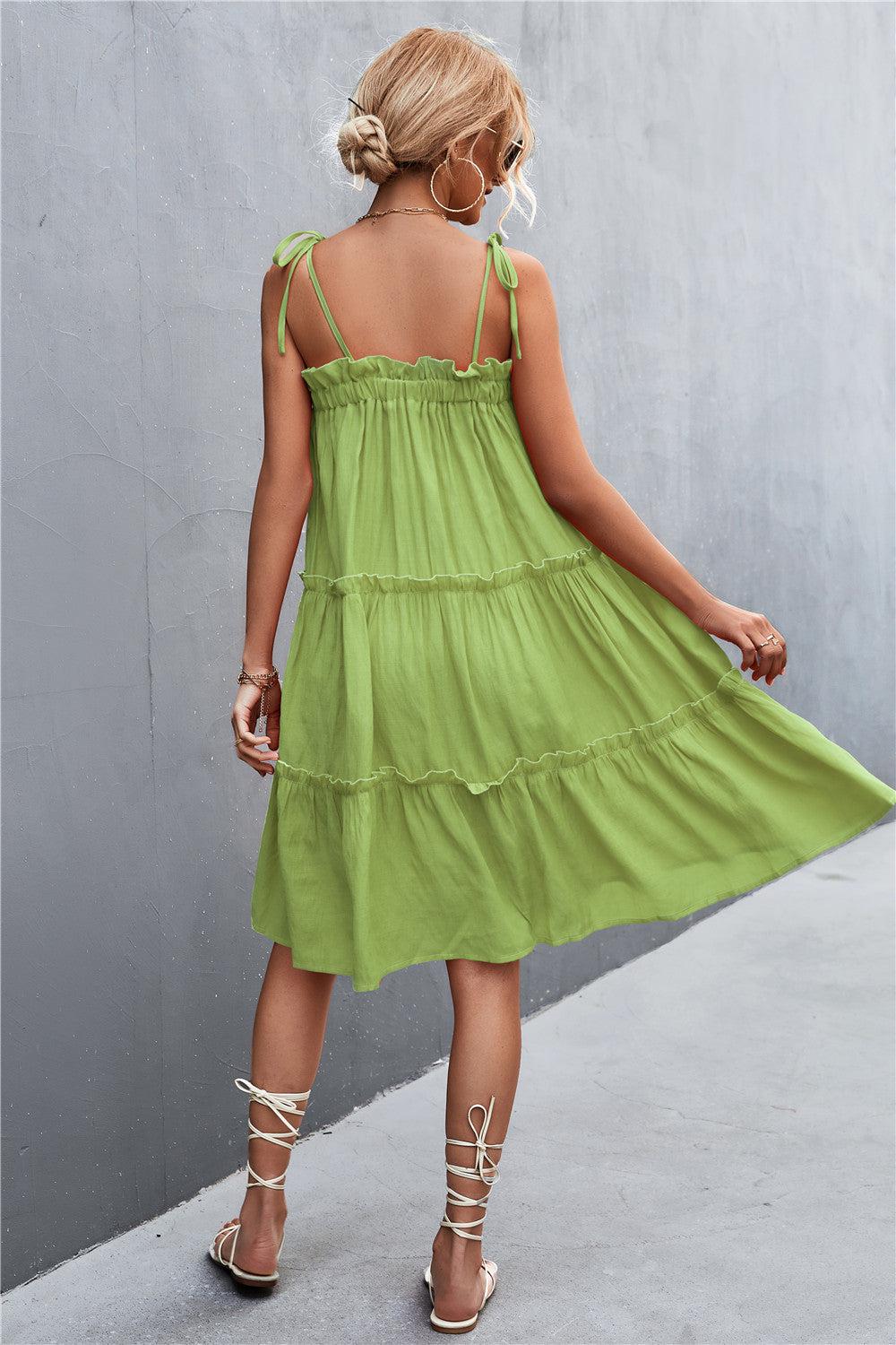 Tie-Shoulder Frill Trim Sleeveless Dress BLUE ZONE PLANET