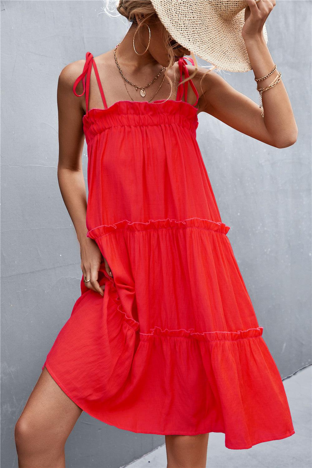 Tie-Shoulder Frill Trim Sleeveless Dress BLUE ZONE PLANET