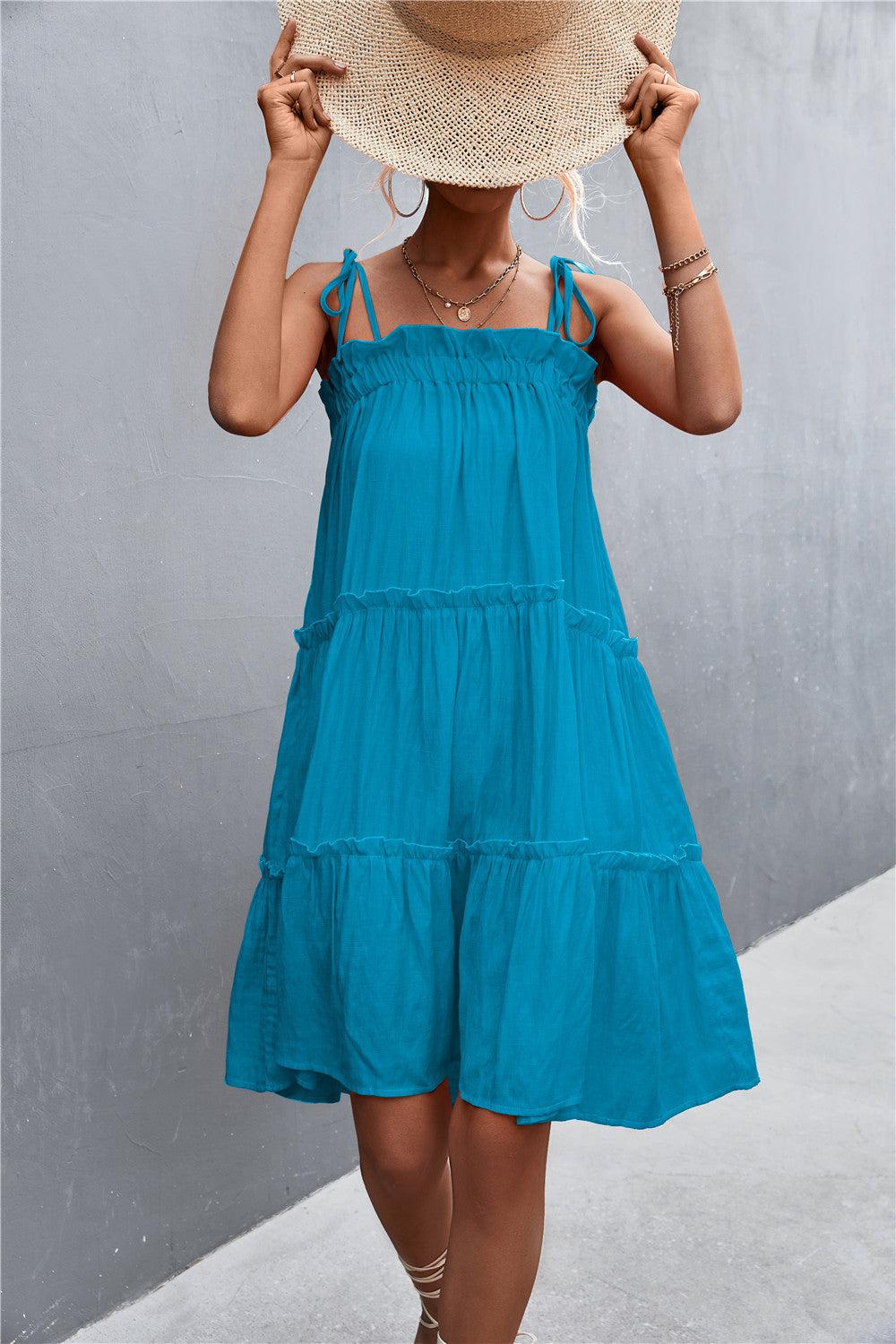 Tie-Shoulder Frill Trim Sleeveless Dress BLUE ZONE PLANET